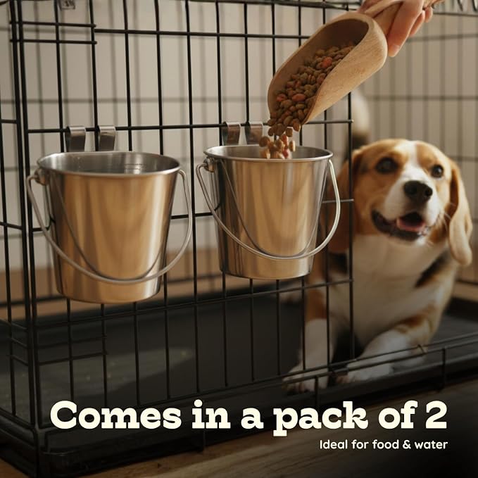 6 Quart Stainless Steel Flat Sided Bucket with Dual Hooks | 2 Pcs Food & Water Bowl for XL Dog Goat Cattle Horse & Livestock | Fits kennel Crate Cages Farm Hanging Pet Pail | Multipurpose - Image 4