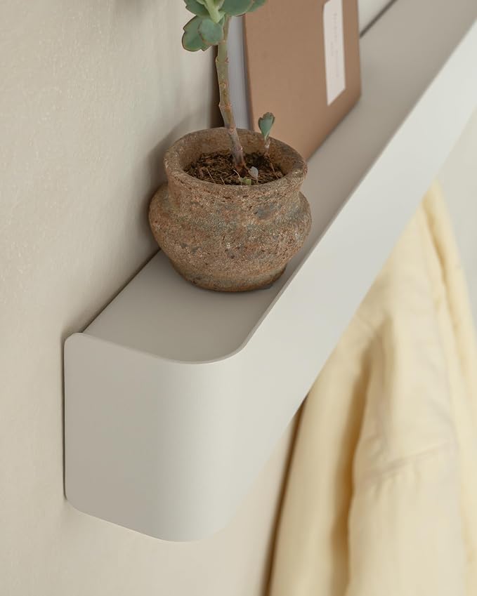 Kazai. Coat Rack Wall Mount with Shelf 'Tone' | Modern Design Coat Hanger with Hidden Hooks and Storage | Hat Rack with Shelf in Metal | Wall-Mounted Purse Organizer | White - Image 2