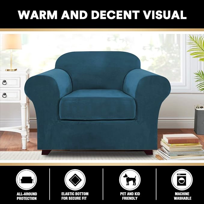 PrinceDeco Velvet Plush Couch Cover Stretch 2 Piece Chair Cover Chair Slipcover Washable Furniture Protector Couch Soft with Elastic Bottom Armchair Cover Width Up to 49 Inch(Small, Deep Teal) - Image 6