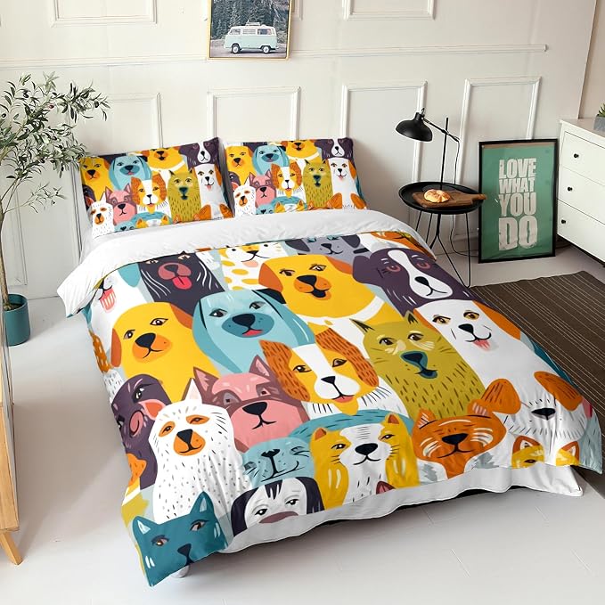 AILONEN Cartoon Puppy Duvet Cover Queen Size, Kawaii Dog Animal Bedding Set for Kids Girls Boys,Various Cute Dog Heads Comforter Cover,1 Quilt Cover 2 Pillowcases,3 PCS - Image 2