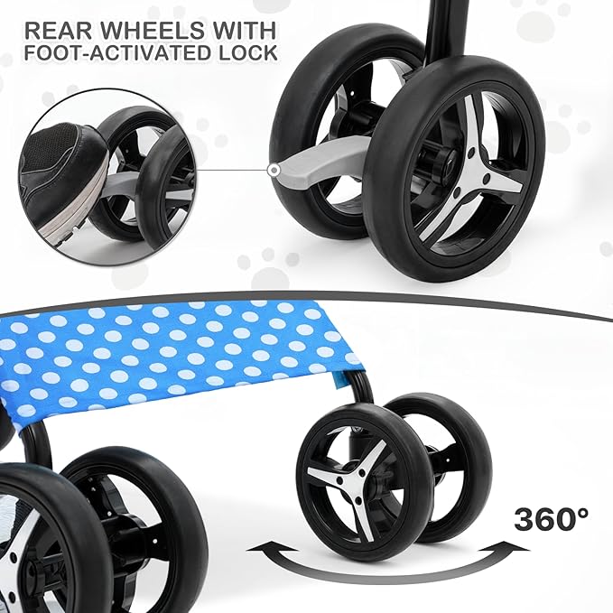 MoNiBloom 4 Wheels Pet Stroller, Easy-Fold Umbrella Shaped Dog Cat Jogger Stroller w/Storage Bag & Visible Mesh for Small/Medium Dogs Cats Sky Blue Polka Dots