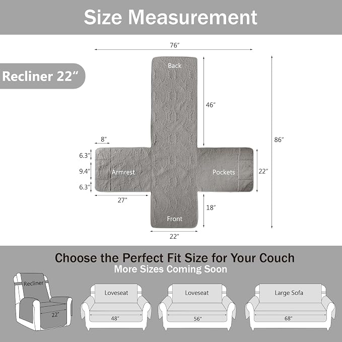 Gray Quilted Recliner Chair Covers, Waterproof Recliner Slipcovers, Lazy Boy Chair Covers, Pet Friendly Recliner Cover for Dogs Cats, Washable Furniture Protector (Recliner 22", Cool Gray) - Image 6