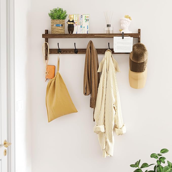 AMBIRD Wall Hooks with Shelf 28.9inch Entryway Wall Hanging Shelf, Wood Coat Hooks, Coat Rack Wall Mount Rack with 5 Dual Hooks, Glasses Organizer and Hat Organizer - Image 3