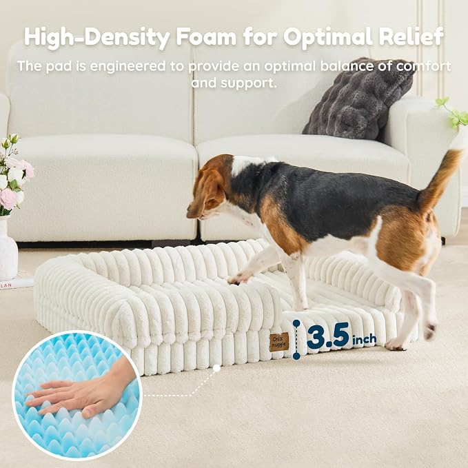 ChiXnuggle Faux Fur Orthopedic Dog Bolster Bed, Waterproof Washable Cover | rectangular dog sofa couch,egg crate foam,non-slip bottom,for large dogs,cream,35*28*7 - Image 3
