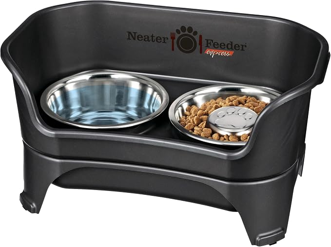 Neater Feeder - Express Model w/ Slow Feed Bowl - Mess-Proof Dog Bowls (M/L, Black) Made in USA – Elevated, No Spill, Non-Tip, Non-Slip, Raised Stainless Steel Food/Water Pet Bowls Aid Digestion by NeaterPets