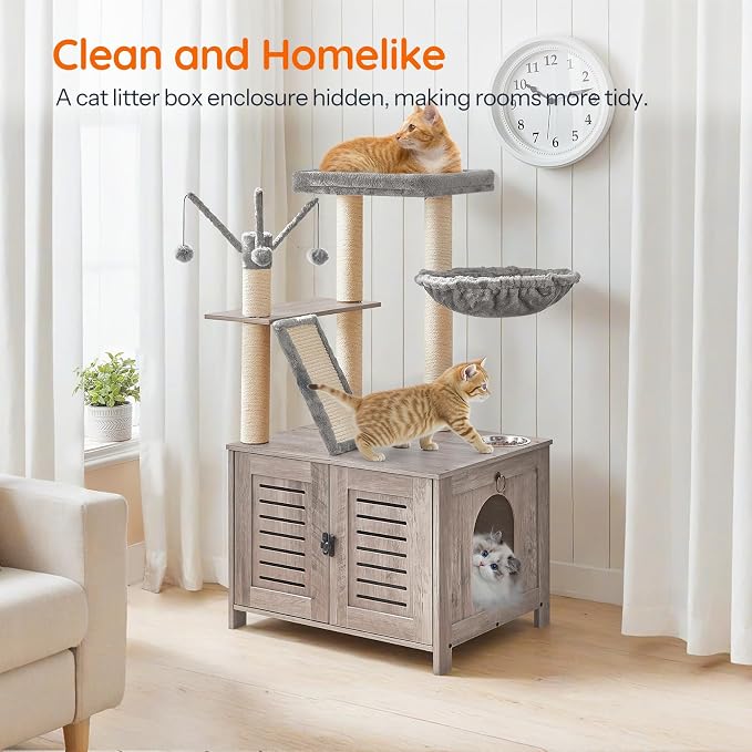 HOOBRO Cat Tree with Litter Box Enclosure, 44" Tall Wooden Cat Tower with Scratching Posts, Cat Hammock, Hidden Litter Box Furniture, All-in-One Indoor Cat Condo, Greige BG48MZ03 - Image 3