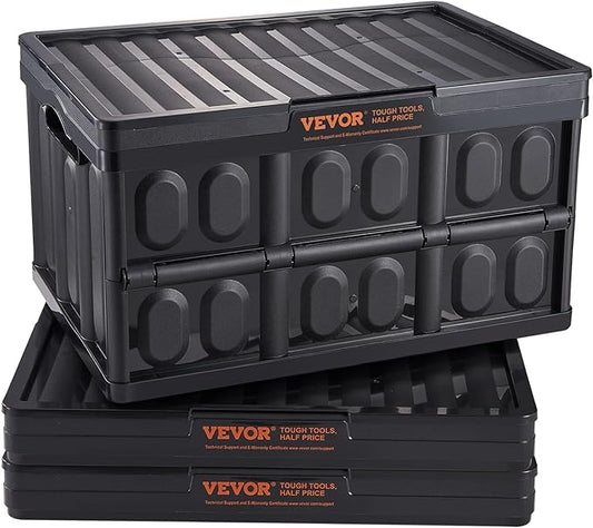 VEVOR 45L Collapsible Storage Bins with Lids 3 Packs, Stackable Utility Crates with Handles, Large Folding Containers for Organizing Tools, Snacks, Books, Food, Drinks, Camping & Transport by VEVOR