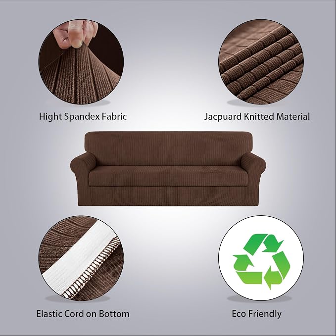 Oversized Sofa Cover Stretching Skid Resistance Couch Cover for Pets Washable, Thick and Durable Soft High Spandex Striped Pattern Sofa Covers (Oversized Sofa, Chocolate) - Image 2
