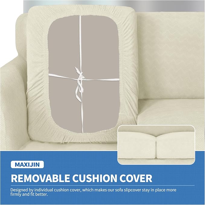 MAXIJIN 3 Piece Couch Covers for 2 Cushion Couch Sofa Cover, Stretch Loveseat Sofa Slipcovers for Sofas with 2 Large Cushions, Thick Dogs Pet Furniture Covers (71"-91", Beige) - Image 5
