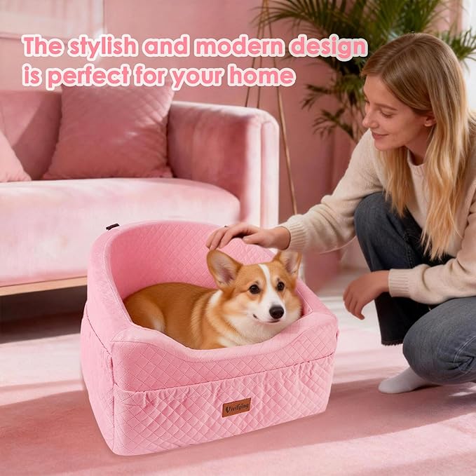 Vivifying Dog Car Seat for Small & Medium Dogs, Detachable & Washable Booster Seat for Pets Up to 30lbs, Travel Bed with Storage Pockets and Safety Belt – Pink