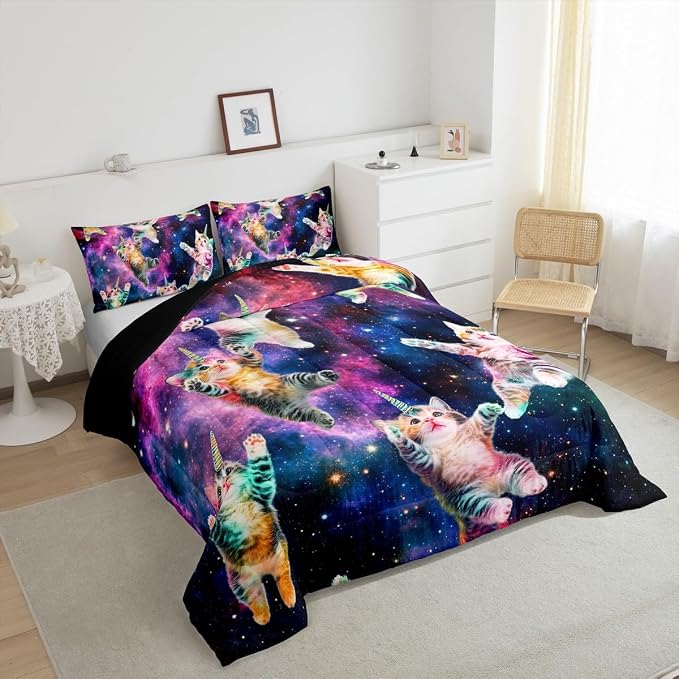 Feelyou Galaxy Unicorn Comforter Set Kids Cute Unicorn Cats Bedding Set for Boys Girls Fairy Cartoon Animal Comforter Stars Rainbow Cats Decor Quilt Set Room Decor 3Pcs Queen Size - Image 4