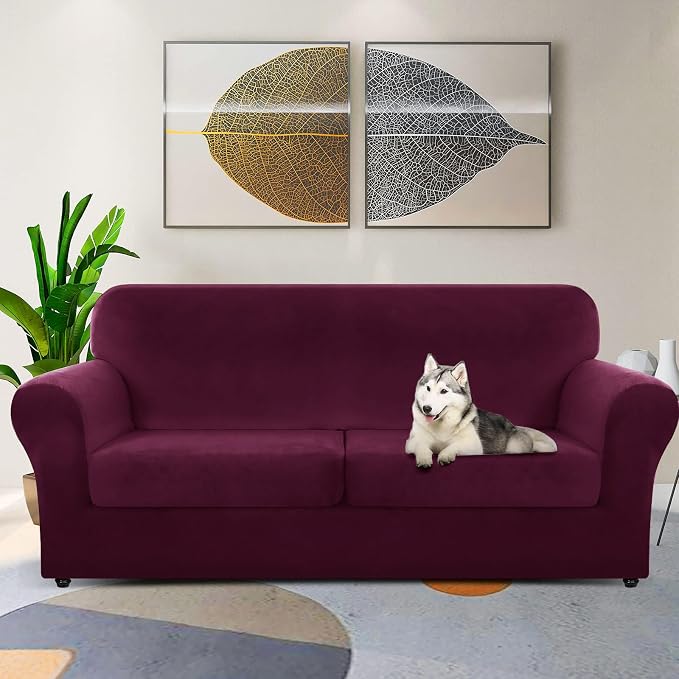 ZNSAYOTX Oversized Velvet 3 Piece Couch Cover with 2 Extra Large Seat Cushion Covers Stretch Sofa Cover for 2 Cushion Couch Soft Loveseat Sofa Slipcover for Living Room (Wine Red), 72"-92"(2 CUSHIONS) - Image 2