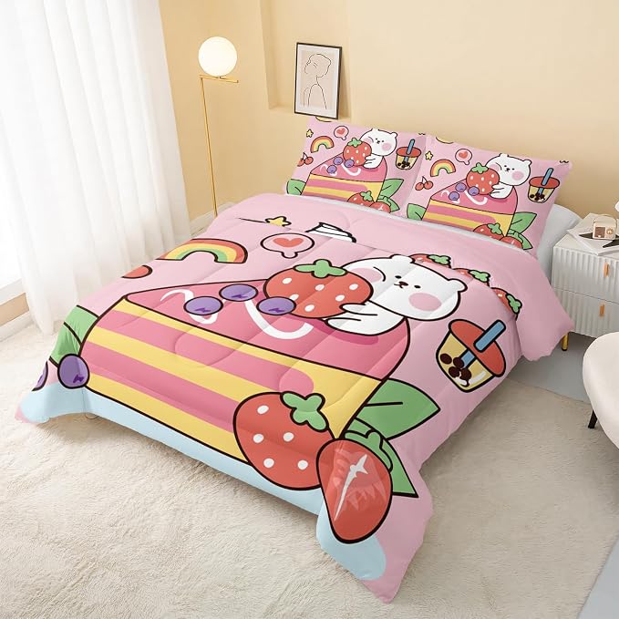QOOMO Kawaii Bear Comforter Twin, Pink Set for Kids Teens Girls, 3Pcs Bedding With 2 Pillowcases, Down Alternative, Soft and Lightweight, Twin Size - Image 3