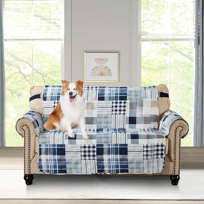 Brilliant Sunshine Blue Plaids & Stripes Loveseat Cover, 54" seat | Patchwork Design, Non Slip Sofa Cover, Quilted Furniture Protector, Large Washable Love Seat Slipcover for Pets, Dogs by BrilliantSunshine