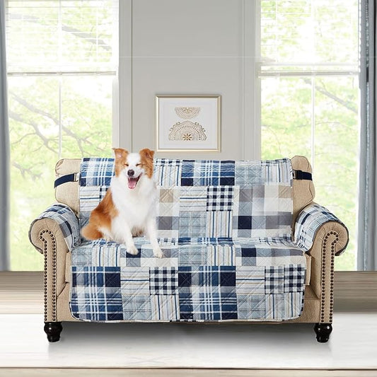 Brilliant Sunshine Blue Plaids & Stripes Loveseat Cover, 54" seat | Patchwork Design, Non Slip Sofa Cover, Quilted Furniture Protector, Large Washable Love Seat Slipcover for Pets, Dogs by BrilliantSunshine