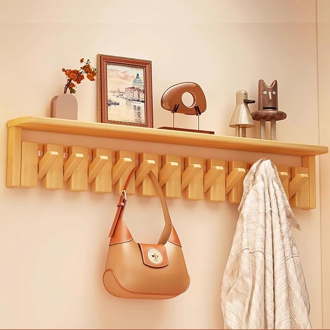 Wall Mounted Coat RackHooks Piano Key Hangers Natural Solid Wood Hanger Non-Woven Fabric Clothes Hangers for Closet, Kitchen, Bedroom, Bathroom, Entryway (Tray-Beech, 12 Hooks) by MurphyBedKitMattresFrame