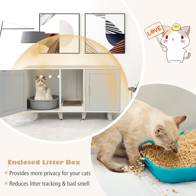 Tangkula Double Cat Litter Box Enclosure for 2 Cats, Large Stackable Hidden Privacy Cat Washroom Cabinet with Scratching Board, Indoor Cat House TV Stand Side Table, Litter Box Furniture (Grey) - Image 6