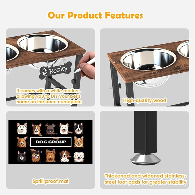 XXLarge Wooden Elevated Dog Bowl Stand – 4 Adjustable Heights (11.8"-17.7"), Wooden & Metal with 3 Stainless Steel Bowls & Splash Pad for Large & Extra Large Breeds - Image 5