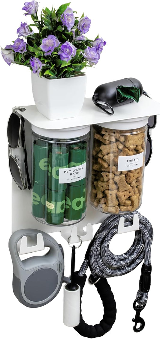 Dog Leash Holder for Wall with Shelf — Wall Mounted Dog Treat Holder & Station, 2 Airtight 32oz Treat Containers, 9 Hooks, Patented Lidless Slide-to-Seal Jars, Solid Steel, Made in USA by Vascito
