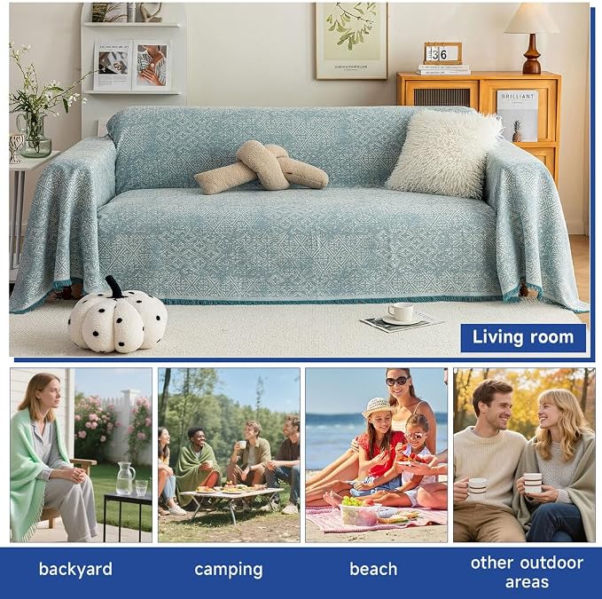 ROOMLIFE Blue Couch Cover Boho Sofa Covers for 3 Cushion Couch Washable, Furniture Protector Sofa Couch Cover for Dogs, Soft Breathable Sofa Slipcover, Couch Throw Blankets with Tassels 71''X118'' - Image 6