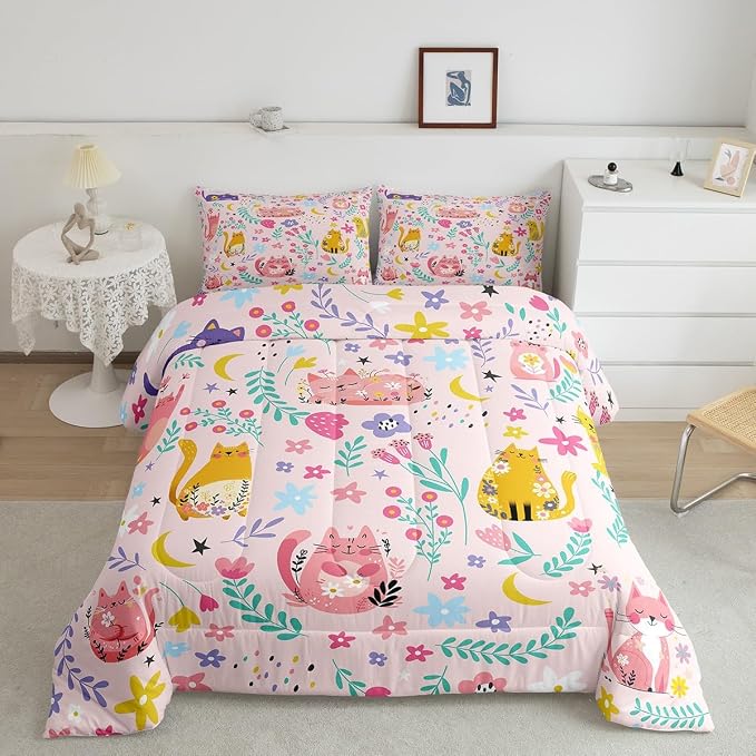 Feelyou Kids Funny Cats Bedding Set Girls Cute Flower Cartoon Kitty Kitten Comforter Set King Size Animal Theme Duvet Insert Girly Kawaii Room Pink Decor by Feelyou