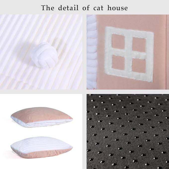 Jiupety Rabbit Cat House for Indoor Cats, Cute Covered Cat Bed with Spacious Interior, Pet Cave Bed Up to 3-15 Lbs Kitten, Pink - Image 4