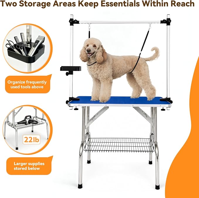 36" Foldable Dog Grooming Table with Adjustable H-Frame Arm & 2 Nooses, Heavy-Duty Stainless Steel Frame, Non-Slip Top, Tool Caddy and Mesh Tray, Blue - Image 5