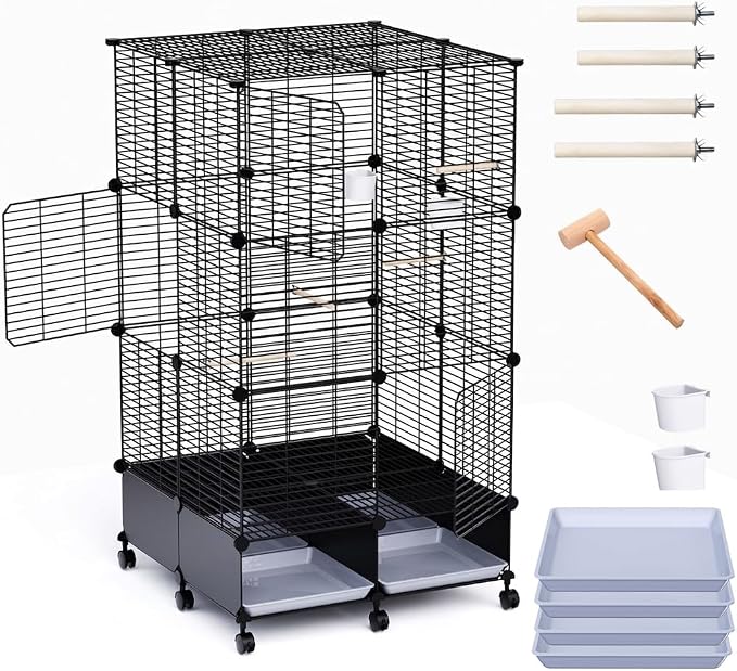 Flight Bird Cage with Wheels, Large Metal Parakeet Cage with Slide-Out Trays, Perches, Bowls & Bird Toys, Indoor Bird Cage for Cockatiel, Budgie, Lovebird, Finch & Small Birds, 25.5"L x 25.5"W x 46"H by JYEARN
