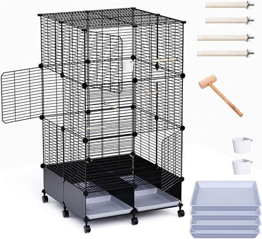 Flight Bird Cage with Wheels, Large Metal Parakeet Cage with Slide-Out Trays, Perches, Bowls & Bird Toys, Indoor Bird Cage for Cockatiel, Budgie, Lovebird, Finch & Small Birds, 25.5"L x 25.5"W x 46"H by JYEARN