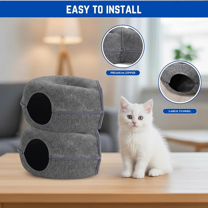 Trivon Peekaboo Cat Tunnels for Indoor Cats, Cozy Indoor 8-Shaped Donut Hideaway Bed with 12 Toy Balls, Bonus Bird Toy and Toy Gun, Scratch-Resistant, Detachable & Washable Design - Image 4