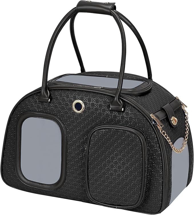 Stylish Luxury Dog Carrier Purse for Small Dogs, Ventilated Pet Soft-Sided Dog Cat Carrier Travel Tote Bag for Puppies Small Animals with Pockets (Black, 16.9inch x 9inch x 11.8inch(LxWxH))