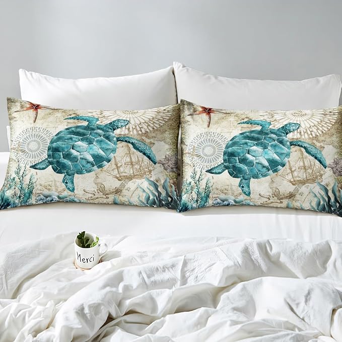 Sea Turtle Bedding Set,Ocean Beach Themed 4 Piece Sheet Set Children Teens Retro Tortoise Bed Sheet Set Hawaiian Reptile Turtle Printed Bed Set Includes 1 Fitted Sheet,1 Flat Sheet,2 Pillowcases,King - Image 5