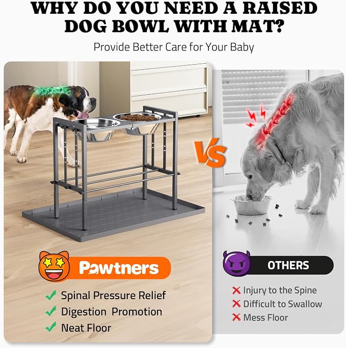Elevated Dog Bowl for Large Breed, Height Adjustable Feeder with Mat, Gery | Adjustable Height at 15°Tilted Angle, Lightweight, Nonslip, All-Iron Structure, Stainless Steel bowls, Easy Assembly Cleaning - Image 3