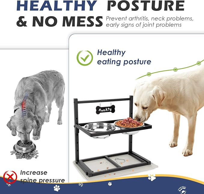 ADENGL Elevated Dog Bowls with Slow Feeder, 5 Adjustable Heights, Anti-Slip, Durable Metal Frame, Spill Proof Mat, Rust-Resistant Bowls, Easy to Clean - Image 2