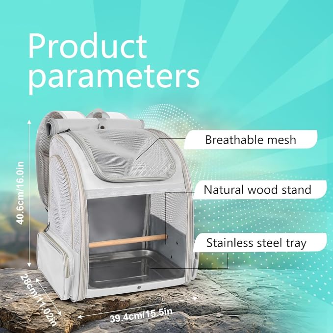 Bird Carrier Backpack for Small to Meidum Bird, Portable Travel Carrier Cage with Standing Perch and Metal Tray (Grey, Backpack Carrier) - Image 2