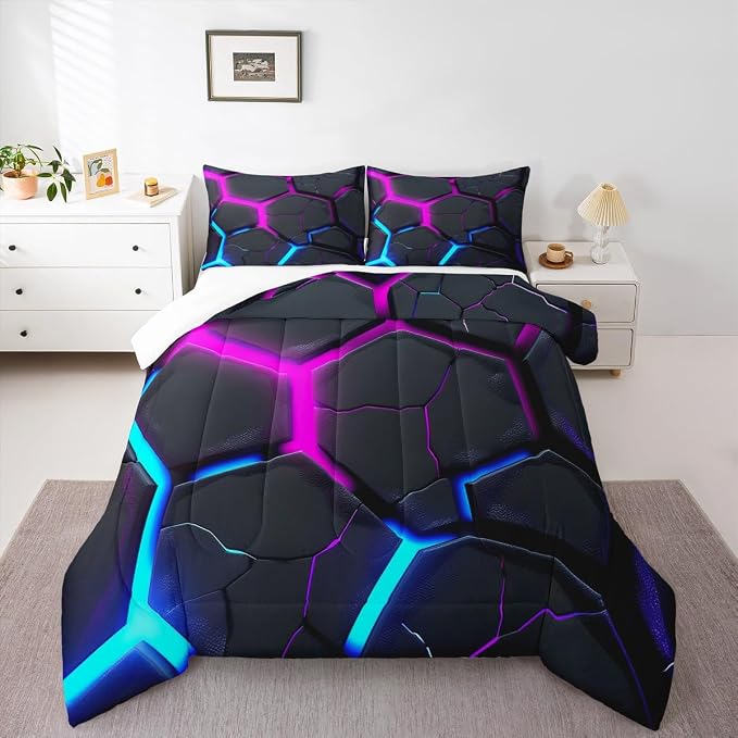 Geometric Honeycomb Comforter Set Full Size,Abstract Hexagon Modern Artwork Bedding Set for Boys Girls Men Room Decor,Neon Blue Purple Patchwork Down Comforter,Fashion Duvet Insert,2 Pillowcases - Image 5
