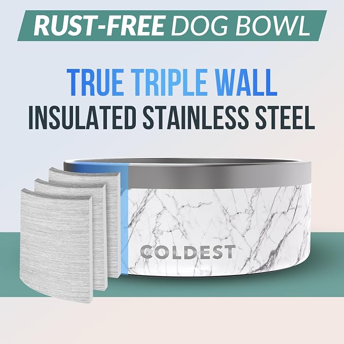 Coldest Dog Bowl - Anti Rust Metal, Non Slip, 3 Layers Insulated Stainless Steel Dog Bowls - Spill Proof & Heavy Duty - Water Bowl for Dogs, Cats & Pets, Dish Washer Safe (100 oz, Carrara Marble) - Image 3