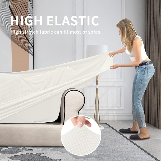 Easy-Going 4 Pieces Stretch Couch Cover Oversized Sofa Cover for Dogs Washable Sofa Slipcover for 3 Separate Cushion Couch Spandex Elastic Furniture Protector for Pets, Kids (Ivory, Oversized Sofa) - Image 4