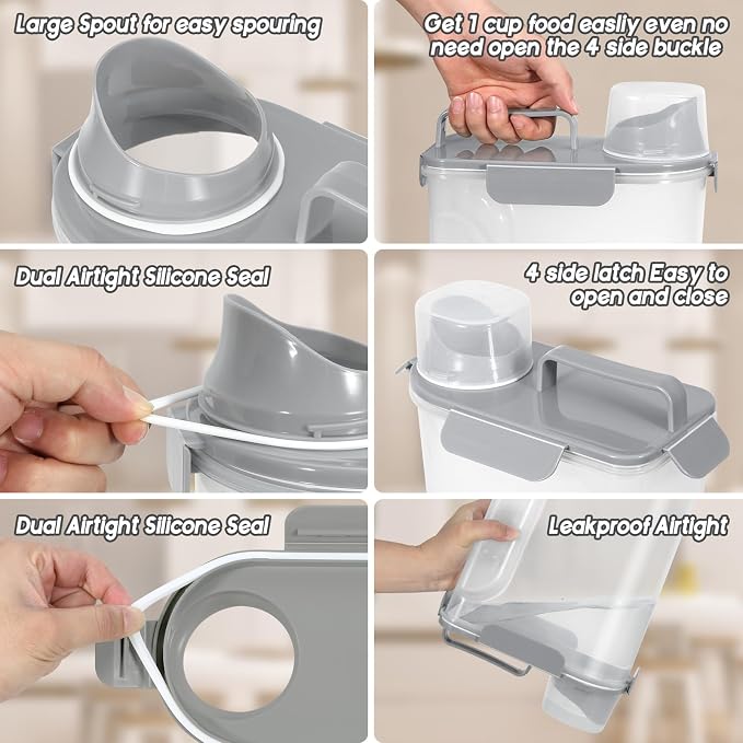 LEAWALK Cat Dog Food Storage Container Upgraded Large Nozzle, BPA-Free 5Lbs/6Qt/5L Plastic Pet Food Storage Container With 4 Sealed Clasps and Handle, Easy to Clean and Carry-2 Pack Gray+Green - Image 3