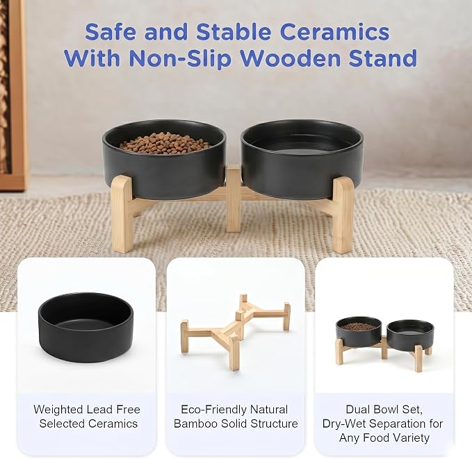 SPUNKYJUNKY Elevated Dog Bowls Ceramic, 5.1'' Dogs and Cat Food Water Bowls Raised with Non-Slip Bamboo Stand for Puppy Small Sized Breed Microwave Dishwasher Safe - 13.5 OZ,Black - Image 6