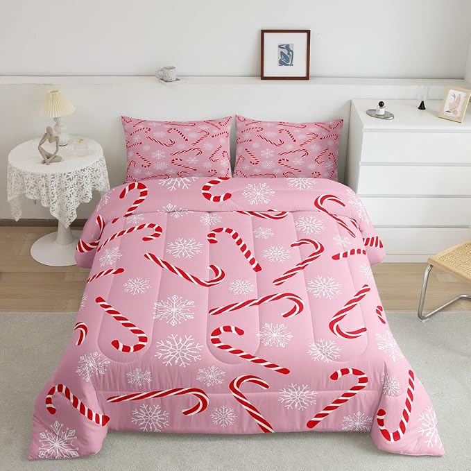 Erosebridal Xmas Candy Cane King Bedding Set 7 Piece,Merry Christmas Bed in A Bag for Kids Boys Girls,White Snowflake Comforter Set Pink Christmas Ornaments Sheet Set with Comforter - Image 2