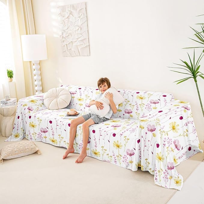 Erosebridal Watercolor Floral Couch Cover Hot Pink Flower Sofa Cover Modern Minimalist White Couch Protector for Cushion Couch Sofas Rustic Farmhouse Washable Non Slip Sofa Slipcover, 71" X 134" - Image 4