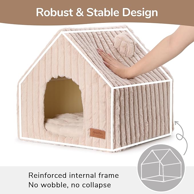 FUKUMARU Cat Bed Cave, Enclosed Washable Covered Dog Bed with Support Frame | Large Cat House for Indoor Cats, Cozy Cat Hideaway for Anxious Cats, Soft Plush Faux Fur Cat Tent Bed, Non-Slip Bottom - Image 2