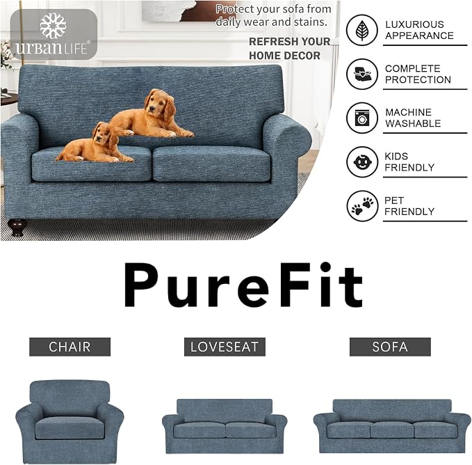 URBANLIFE 3-Piece Stretch Sofa Covers for 2 Cushion Couch, Dusk Blue Gray | Super fitted spandex slipcovers for couches. Non-slip elastic bottom. Machine washable furniture protector for kids & pets. - Image 7