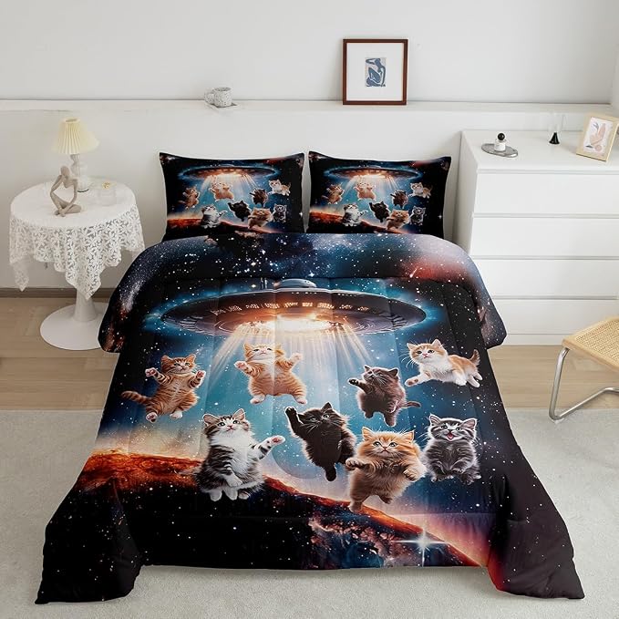 Feelyou Cat Comforter Set Outer Space Cute Cats Bedding Set Galaxy Nebula Pet Cats DecorAnimal Comforter Gorgeous Lovely Animals Quilt Collection 3Pcs Full Size Boys by Feelyou