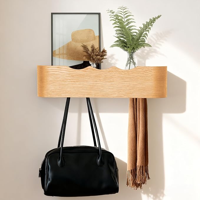 Coat Rack Wall Mount with Shelf Entryway Shelf Modern Key Holder Hanger Wall Shelves with Hidden Hooks for Hanging Towels Coats Hats Bags for Hallway Bathroom Bedroom(Wavy Oak, 4 Hooks) by FURNAWAY