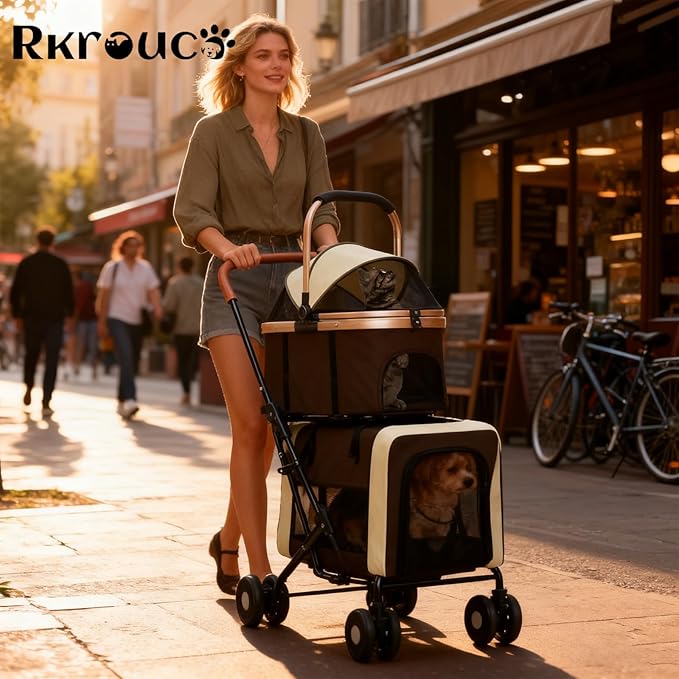 Foldable Double Pets Stroller for Dog Portable Cat Strollers for Small Medium Pet with Detachable Carriers Flexible Lockable Wheels Lightweight Dogs Jogger Strolling Cart Up to 77Lbs (Brown)