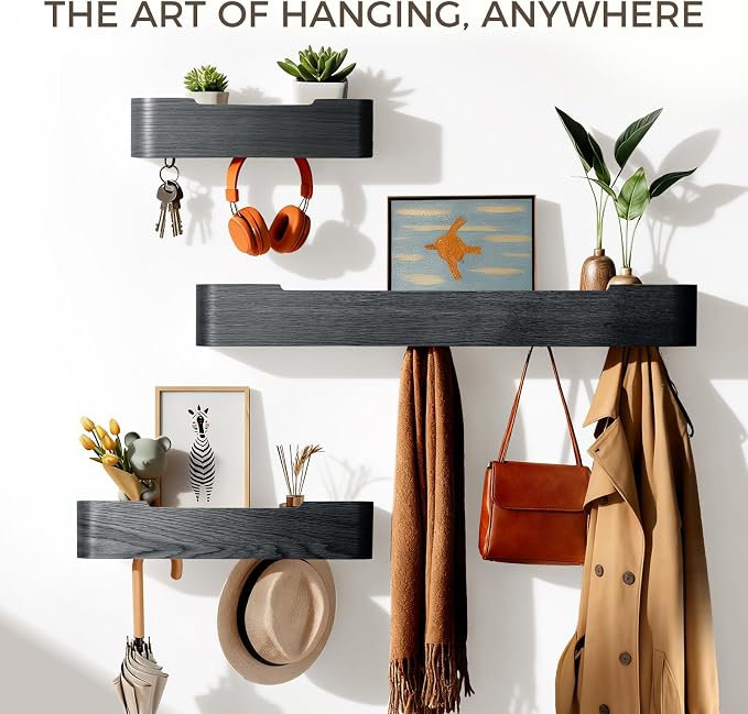Coat Rack Wall Mount with Shelf Entryway Shelf Modern Key Holder Hanger Wall Shelves with Hidden Hooks for Hanging Towels Coats Hats Bags for Hallway Bathroom Bedroom(Black, 8 Hooks) - Image 3