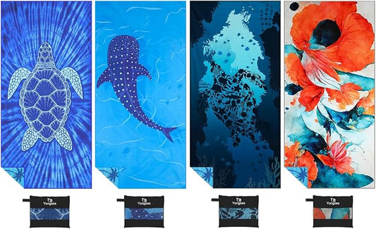 Yongoes 4 Pack Microfiber Beach Towel Oversized 71x32 Colorful Print Bulk | Lightweight Thin,Sand Free,Super Absorbent Quick Dry Large Towels for Swim Pool Bath Travel Vacation Accessories Essentials by Yongoesbeachtowel