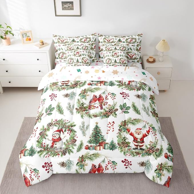 Erosebridal Merry Christmas Queen Comforter Set with Sheets 7 Piece Red Green Xmas Cardinal Bed in A Bag Xmas Snowman Santa Claus Bedding Sets for Men Christmas Red Berry Branches Wreath Bed Set - Image 3